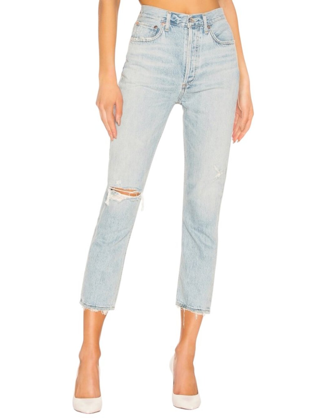 New Agolde Riley High Rise Straight Leg Crop Jeans Size 27 In Shatter Wash Blue